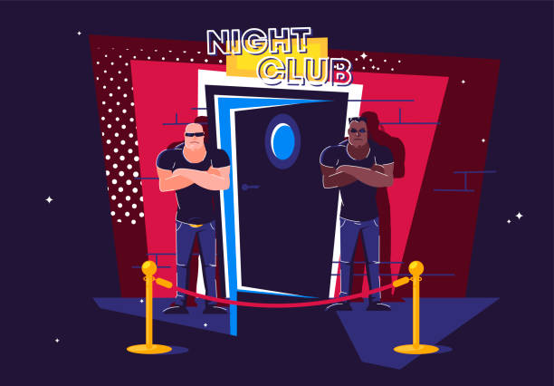 Vector illustration of two security guards standing at night at the entrance to the half-open door of a night club, a barrier in front of the entrance, face control Vector illustration of two security guards standing at night at the entrance to the half-open door of a night club, a barrier in front of the entrance, face control doorman stock illustrations