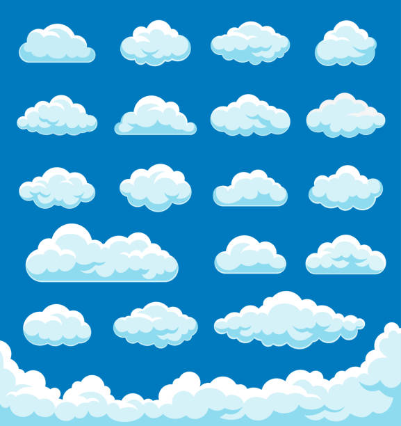 ilustraciones, imágenes clip art, dibujos animados e iconos de stock de conjunto de nubes - cotton cloud cloudscape cumulus cloud