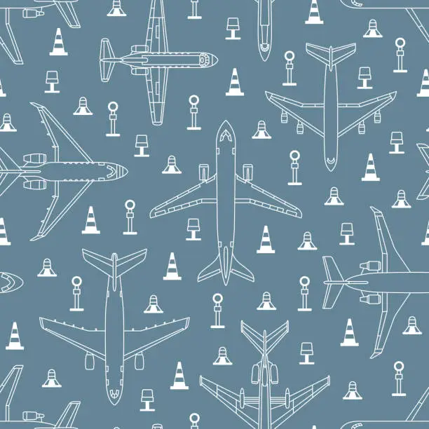 Vector illustration of seamless pattern with airplanes and runway lights on gray background