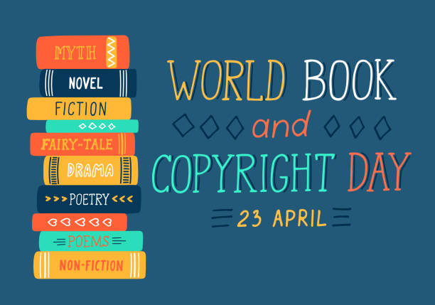 World Book and Copyright Day World Book and Copyright Day. 23 April. Stack of hand drawn different literary genres books with lettering on blue background. month illustrations stock illustrations