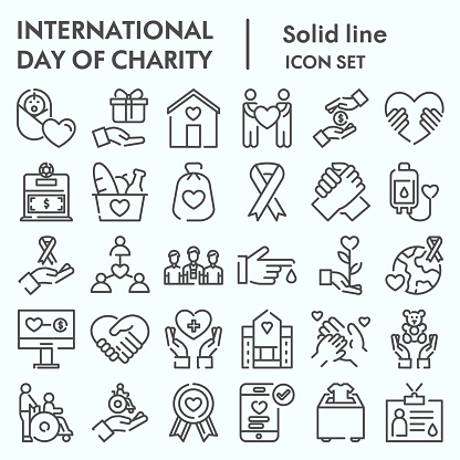 Day of charity line icon set, charity set symbols collection, vector sketches, logo illustrations, computer web signs linear pictograms package isolated on white background, eps 10