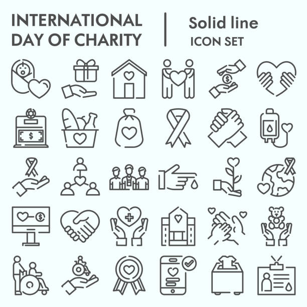 Day of charity line icon set, charity set symbols collection, vector sketches, logo illustrations, computer web signs linear pictograms package isolated on white background, eps 10. Day of charity line icon set, charity set symbols collection, vector sketches, logo illustrations, computer web signs linear pictograms package isolated on white background, eps 10 a helping hand illustrations stock illustrations