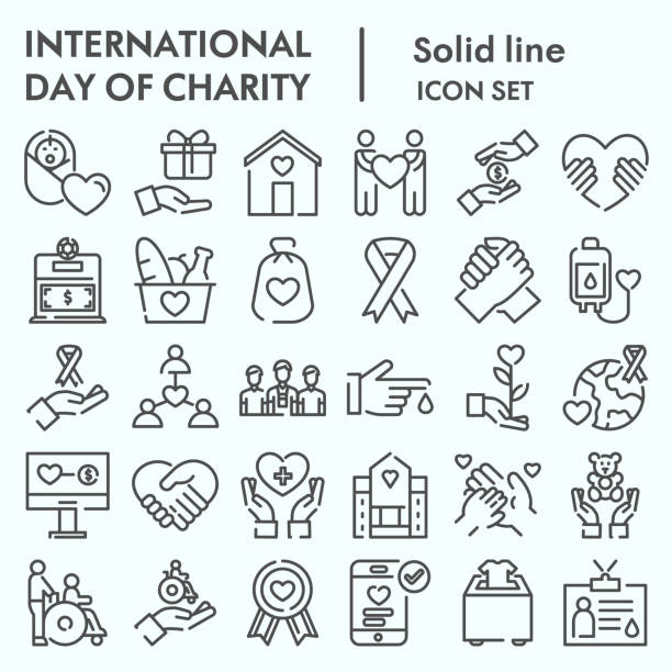 Day of charity line icon set, charity set symbols collection, vector sketches, logo illustrations, computer web signs linear pictograms package isolated on white background, eps 10. Day of charity line icon set, charity set symbols collection, vector sketches, logo illustrations, computer web signs linear pictograms package isolated on white background, eps 10 charity benefit stock illustrations