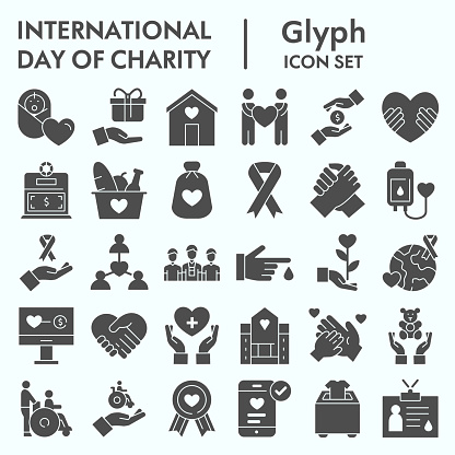 Day of charity glyph icon set, charity set symbols collection, vector sketches, logo illustrations, computer web signs solid pictograms package isolated on white background, eps 10