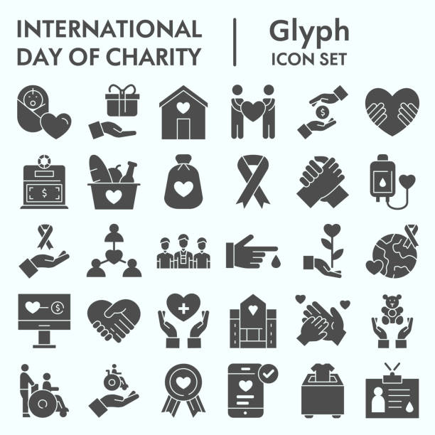 Day of charity glyph icon set, charity set symbols collection, vector sketches, logo illustrations, computer web signs solid pictograms package isolated on white background, eps 10. Day of charity glyph icon set, charity set symbols collection, vector sketches, logo illustrations, computer web signs solid pictograms package isolated on white background, eps 10 finance and economy stock illustrations