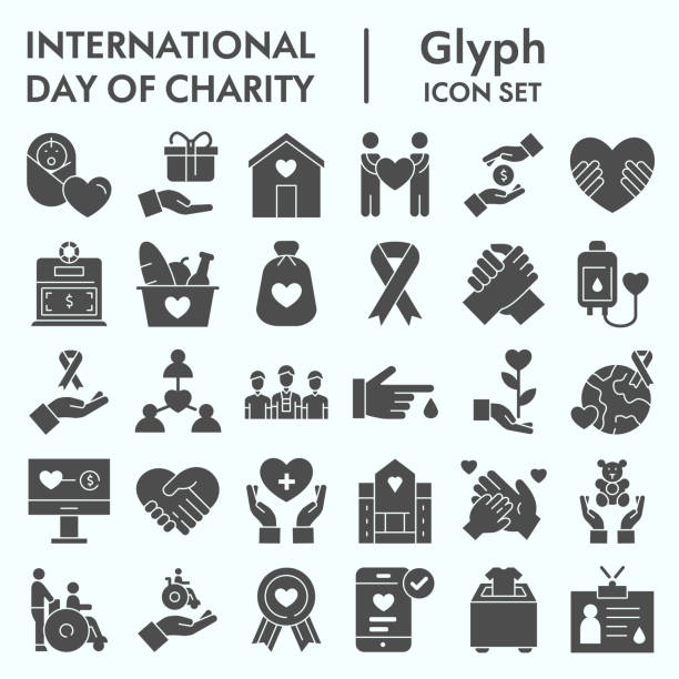 Day of charity glyph icon set, charity set symbols collection, vector sketches, logo illustrations, computer web signs solid pictograms package isolated on white background, eps 10. Day of charity glyph icon set, charity set symbols collection, vector sketches, logo illustrations, computer web signs solid pictograms package isolated on white background, eps 10 personal care aid stock illustrations