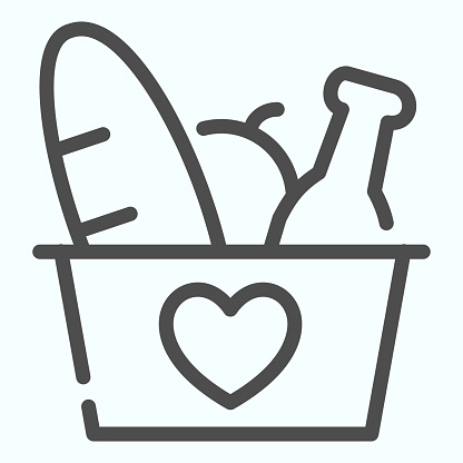 Donation Products line icon. Grocery basket with heart vector illustration isolated on white. Donation box with products outline style design, designed for web and app. Eps 10