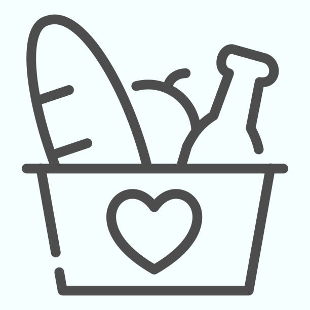 Donation Products line icon. Grocery basket with heart vector illustration isolated on white. Donation box with products outline style design, designed for web and app. Eps 10. Donation Products line icon. Grocery basket with heart vector illustration isolated on white. Donation box with products outline style design, designed for web and app. Eps 10 charitable donation illustrations stock illustrations