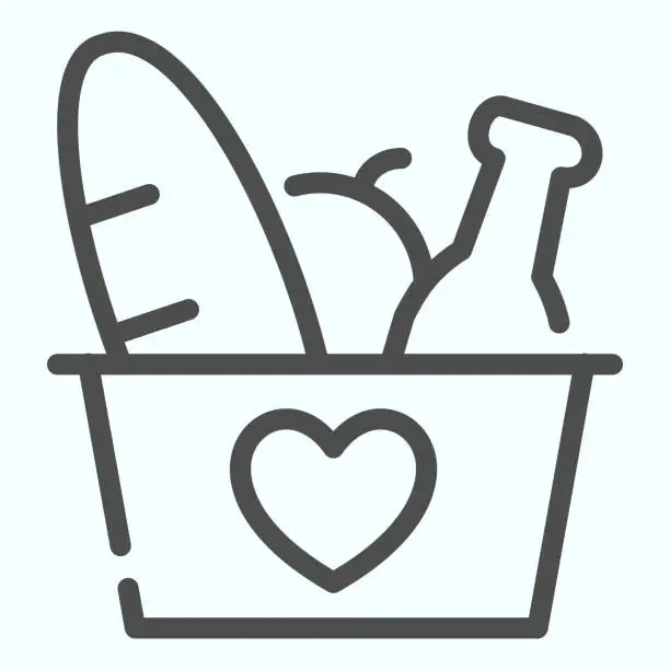 Vector illustration of Donation Products line icon. Grocery basket with heart vector illustration isolated on white. Donation box with products outline style design, designed for web and app. Eps 10.
