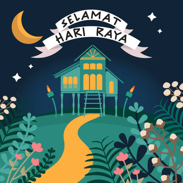 ilustrações, clipart, desenhos animados e ícones de kampung festa aidilffitri-eidulfitri eid mubarak lemang ketupat happy holidays pelita ramadan syawal - friday mosque