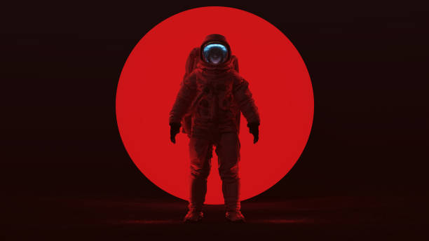 astronauta en un traje espacial rojo de pie en un vacío alienígena con una cara clara de la mujer de la visera con una esfera alienígena roja grande en una vista frontal de niebla oscura - characters exploration colors old fashioned fotografías e imágenes de stock