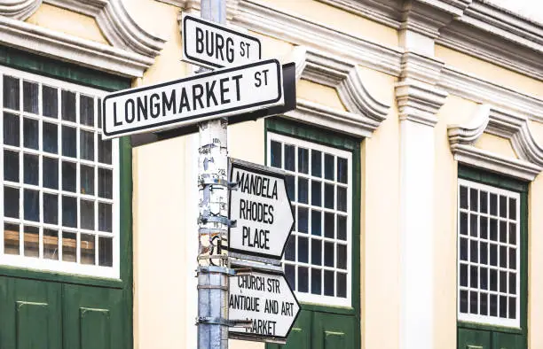 Longmarket Street urban sign at crossroad with Burg St in Cape Town - World famous city in South Africa