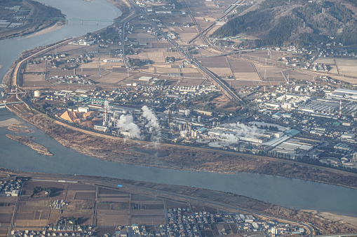 Miyagi Prefecture Iwanuma skyline (Aerial). Shooting Location: Sendai, Miyagi Prefecture