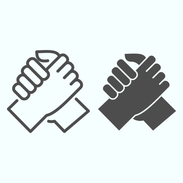 arm wrestling linie und solide saitensymbol. handshake vektor-illustration isoliert auf weiß. zwei hände unterstützen sich gegenseitig umriss stil design, für web und app entwickelt. eps 10. - menschliches körperteil stock-grafiken, -clipart, -cartoons und -symbole