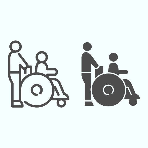 Disabled carriage line and solid icon. Medical transportation vector illustration isolated on white. A man pushing a wheelchair with a patient outline style design, designed for web and app. Eps 10. Disabled carriage line and solid icon. Medical transportation vector illustration isolated on white. A man pushing a wheelchair with a patient outline style design, designed for web and app. Eps 10 community outreach illustrations stock illustrations