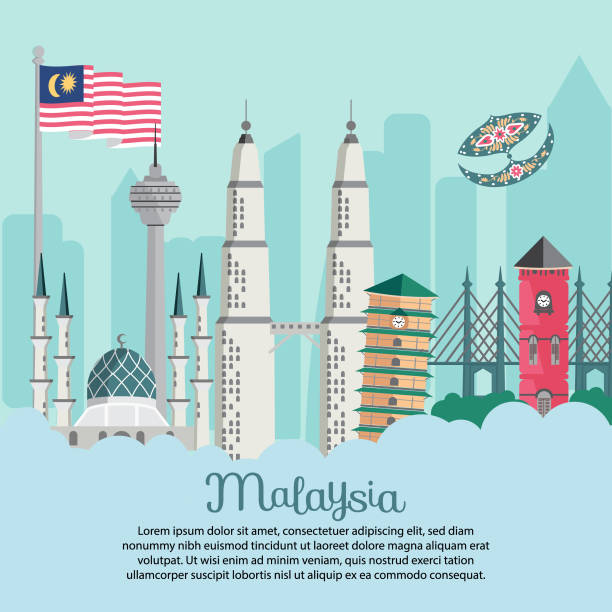 Malaysia building - Flag flag flutters over shah alam leaning tower KLCC merdeka mosque Malaysia building - Flag flag flutters shah alam leaning tower klcc merdeka mosque twin towers malaysia stock illustrations