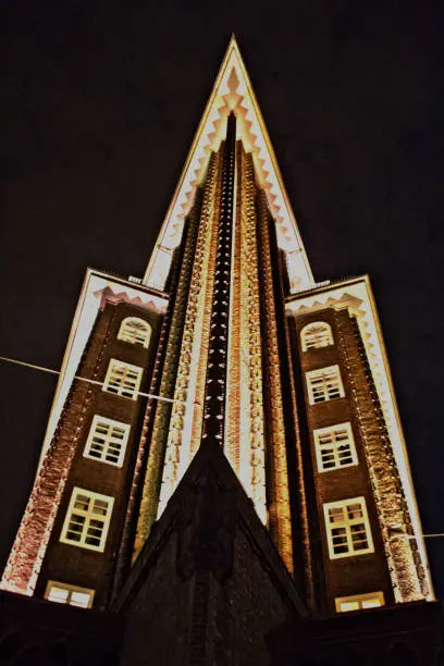 Chilehaus Hamburg illuminated at night