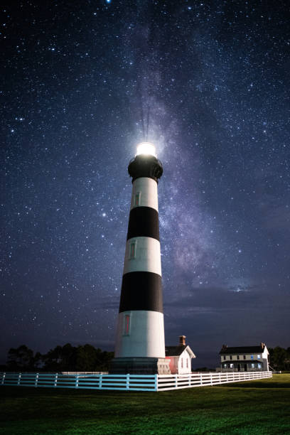 Milkyway over Bodie Island Lighthouse Long exposure photograph of the Milky Way Galaxy streaching over the Bodie Island Lighthouse in North Carolina's Outer Banks cape hatteras stock pictures, royalty-free photos & images