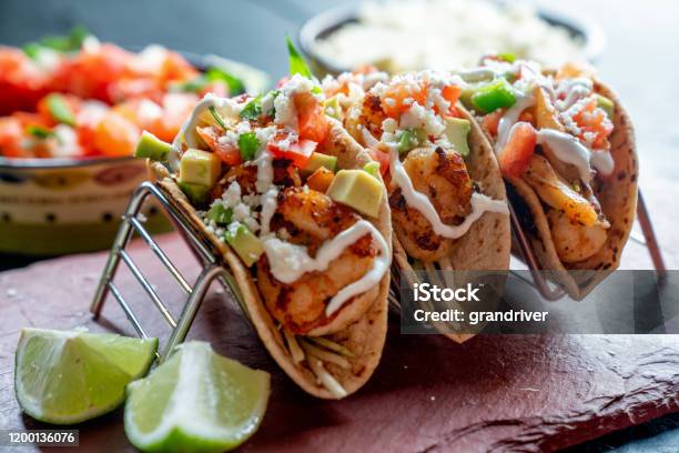Shrimp Street Tacos Stock Photo - Download Image Now - Taco, Fish, Mexico