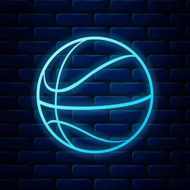 istock Glowing neon Basketball ball icon isolated on brick wall background. Sport symbol. Vector Illustration 1200136297