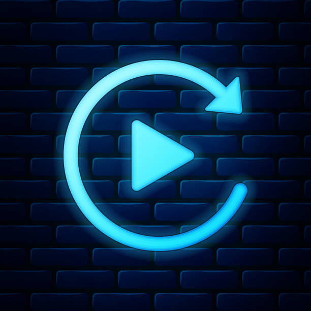 Glowing neon Video play button like simple replay icon isolated on brick wall background. Vector Illustration Glowing neon Video play button like simple replay icon isolated on brick wall background. Vector Illustration replay stock illustrations