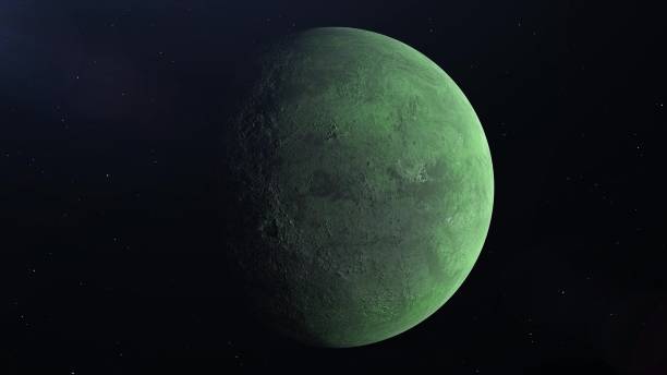 realistic green alien planet in the outer space, 3d rendering - exploration sky deep blue imagens e fotografias de stock