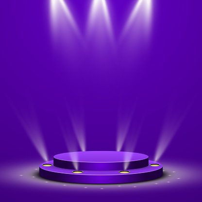 Vector illustration of circle pedestal with stairs on purple backdrop