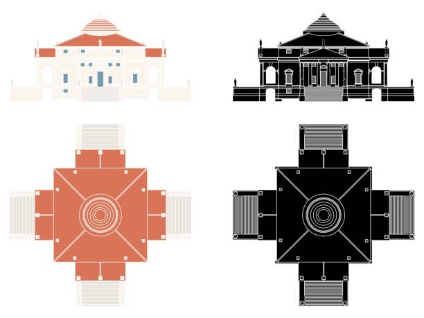 라 로톤다 하우스 앞과 상단 보기 윤곽없이 - andrea palladio stock illustrations