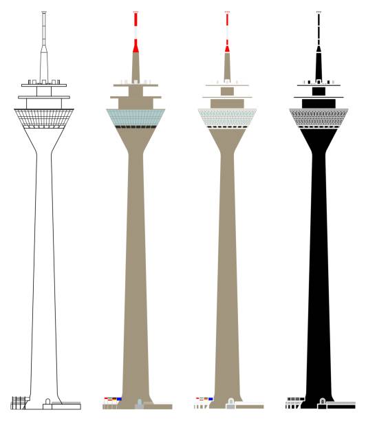 ilustraciones, imágenes clip art, dibujos animados e iconos de stock de torre rheinturm duesseldorf en vista frontal - rhine river audio