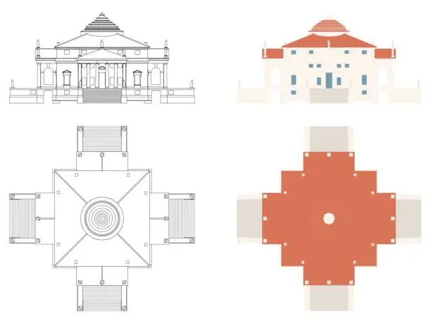 Vector illustration of La Rotonda house in front and top view