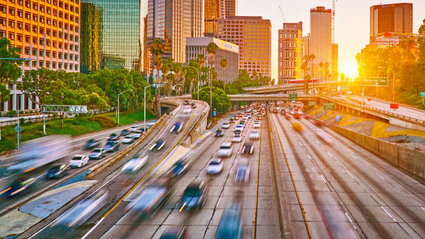 Sunset. Highway. Los Angeles Financial District