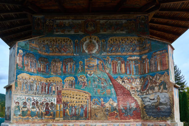 voronet monastery, founded in the 15th century, located in voronet, romania. stone religious building of christian orthodox church built with painted walls. - voronet imagens e fotografias de stock