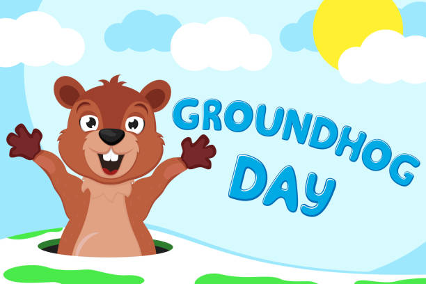 groundhog uyanık ve doğa arka plan üzerinde uzanan. köstebek günü. - groundhog day tatil stock illustrations