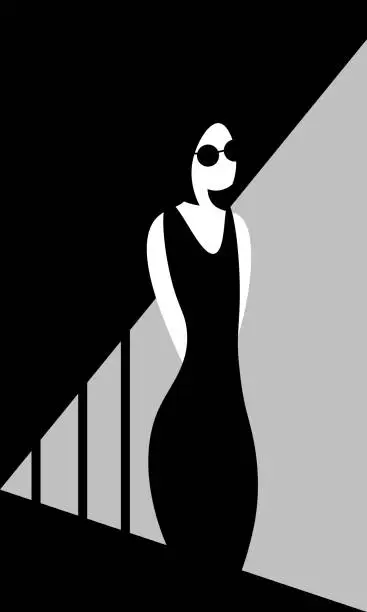 Vector illustration of Minimalistic woman in circle sunglasses and black dress standing in the shadows with hands behind back