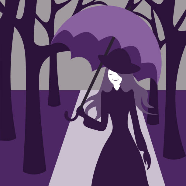 Old-fashioned woman with a parasol walking through the park in violet shades XIX century style, woman in the gown with parasol walking among trees steampunk woman stock illustrations