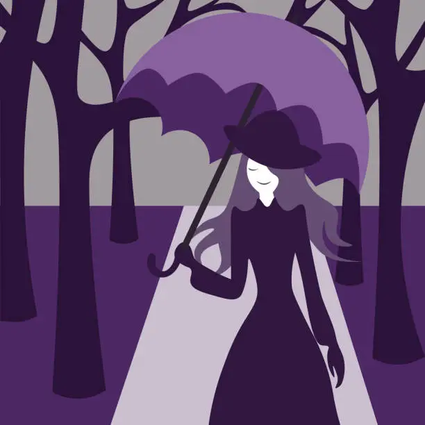 Vector illustration of Old-fashioned woman with a parasol walking through the park in violet shades