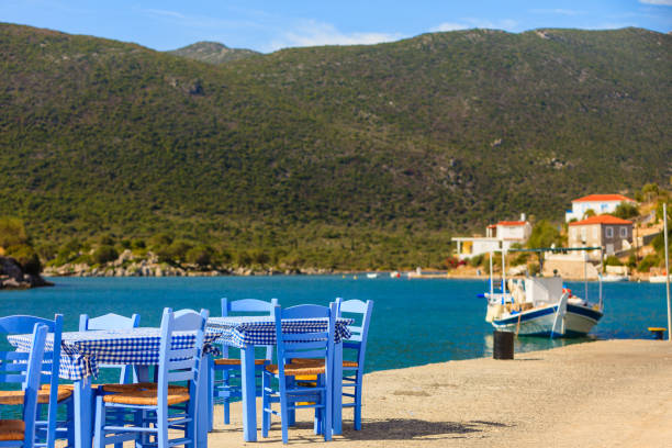 istock Open cafe outdoor restaurant in Greece on sea shore 1200146723