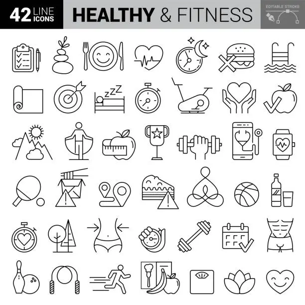 Vector illustration of Fitness & Workout - set of thin line vector icons stock illustration