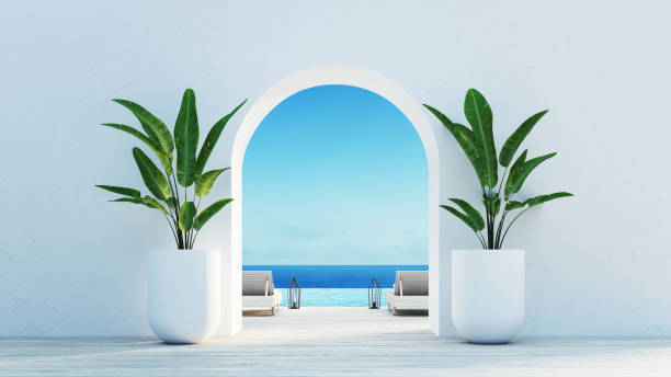 puerta a la vista al mar & vida en la playa - estilo isla de santorini / renderizado 3d - villa holiday villa swimming pool house fotografías e imágenes de stock