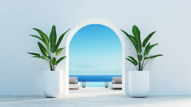 porte de la vue sur la mer - vie sur la plage - style de l'île de santorin / rendu 3d - culture méditerranéenne photos et images de collection