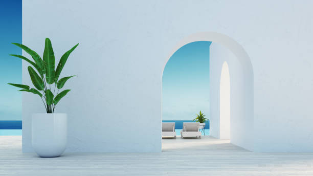 puerta a la vista al mar & vida en la playa - estilo isla de santorini / renderizado 3d - santorini greece villa beach fotografías e imágenes de stock