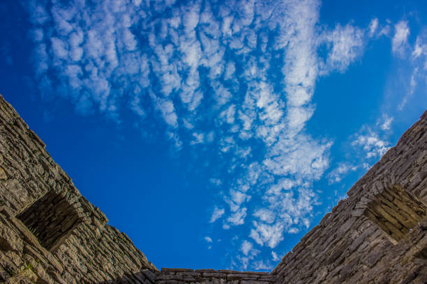 old castle wall frame and blue sky with clouds background and empty space for copy or text