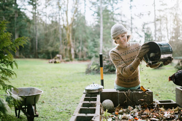 kobieta dumpingu wiadro złom żywności w stos kompostu - garden waste zdjęcia i obrazy z banku zdjęć