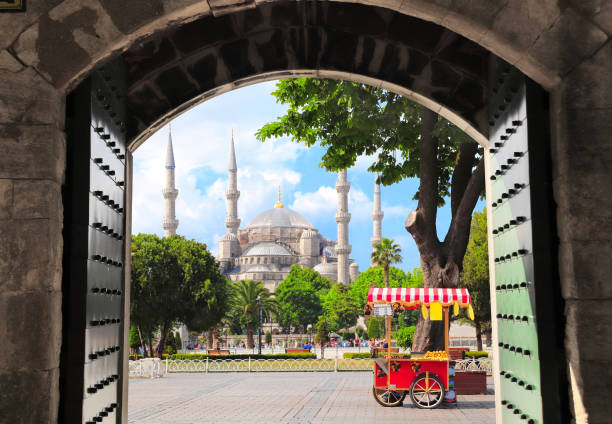Blue mosque (Sultan Ahmet mosque), Sultanahmet Square, Istanbul, Turkey View through the old gate on Blue mosque (Sultan Ahmet mosque) and traditional turkish chestnut and corn cart, Sultanahmet Square, Istanbul, Turkey blue mosque stock pictures, royalty-free photos & images