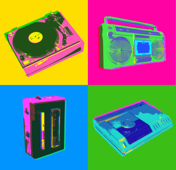 retro ikony muzyki - 1980 - record turntable disc jockey pop art stock illustrations