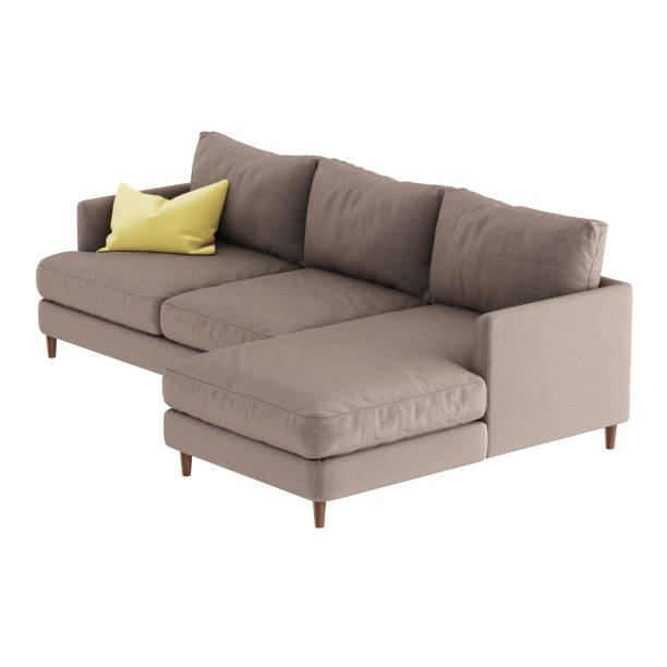istock Soft brown fabric sofa on wooden legs with a yellow pillow pert on a white background. 3d rendering 1200153316