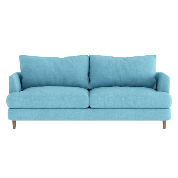 istock Soft blue fabric sofa on wooden legs on a white background. Front view. 3d rendering 1200153320
