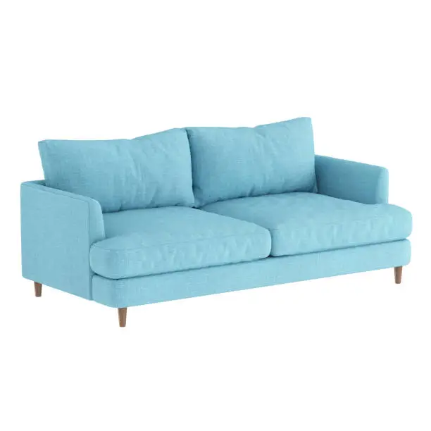 Soft blue fabric sofa on wooden legs on a white background. 3d rendering