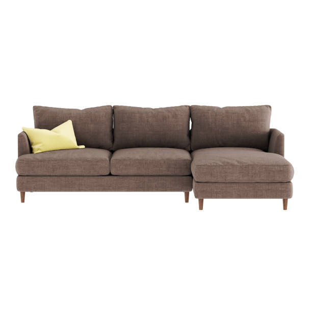 istock Soft brown fabric sofa on wooden legs with a yellow pillow pert on a white background. Front view. 3d rendering 1200153333