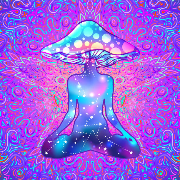 волшебный человек с грибной голо�вой в положении лотоса йоги.  психоделическая галлюцинация. яркая векторная иллюстрация. - magic mushroom psychedelic mushroom fungus stock illustrations